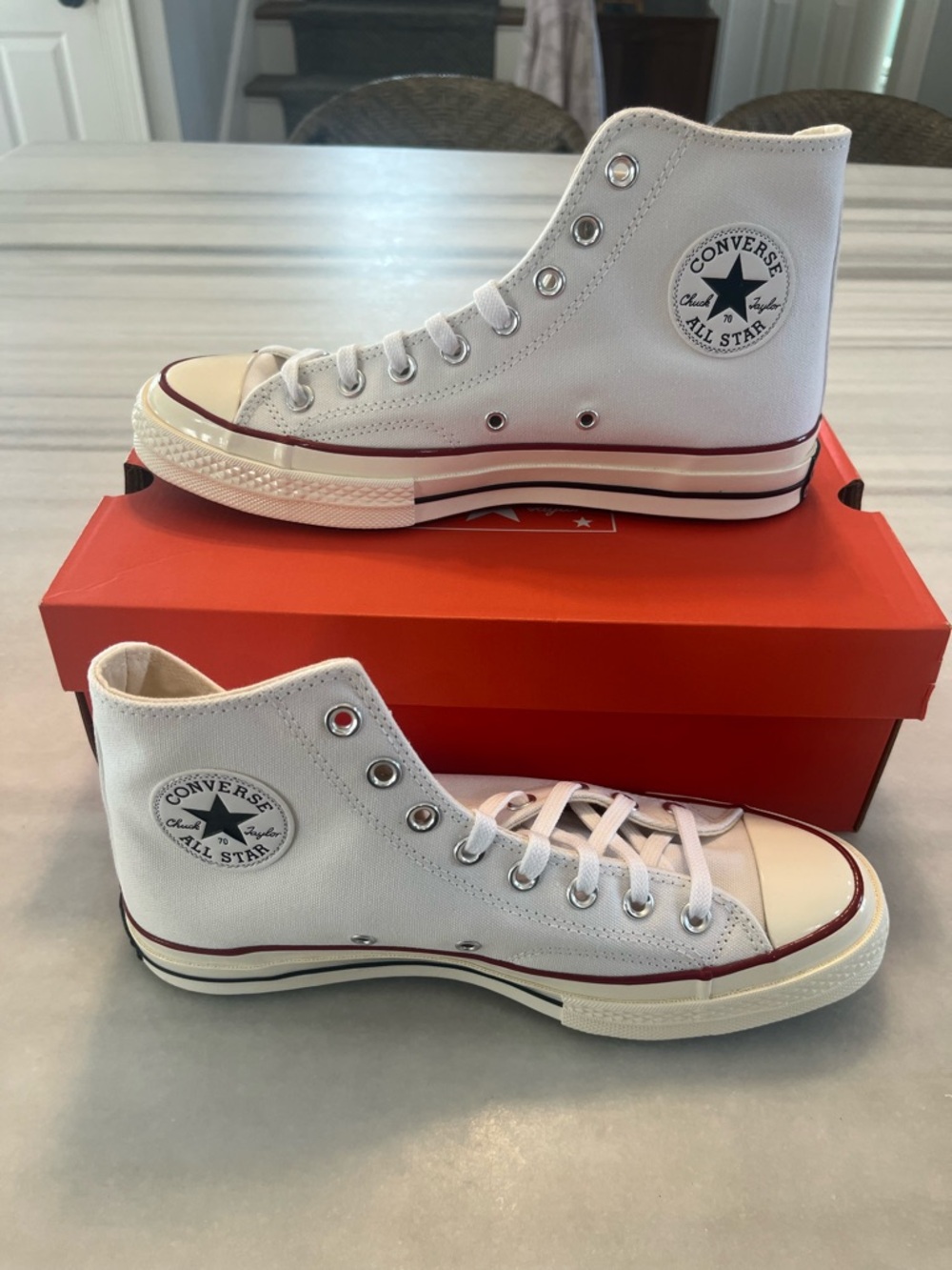 Converse White High Top Sneakers with Red and Black Midsole Trim Mens 8 Women 10